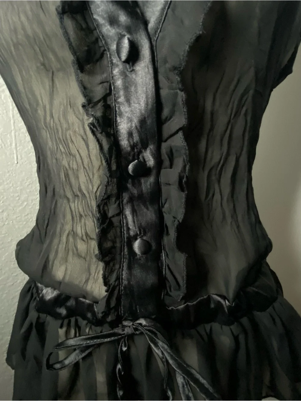 Y2K Whimsygoth Black Chiffon & Satin Drawstring Waist Blouse Size Medium